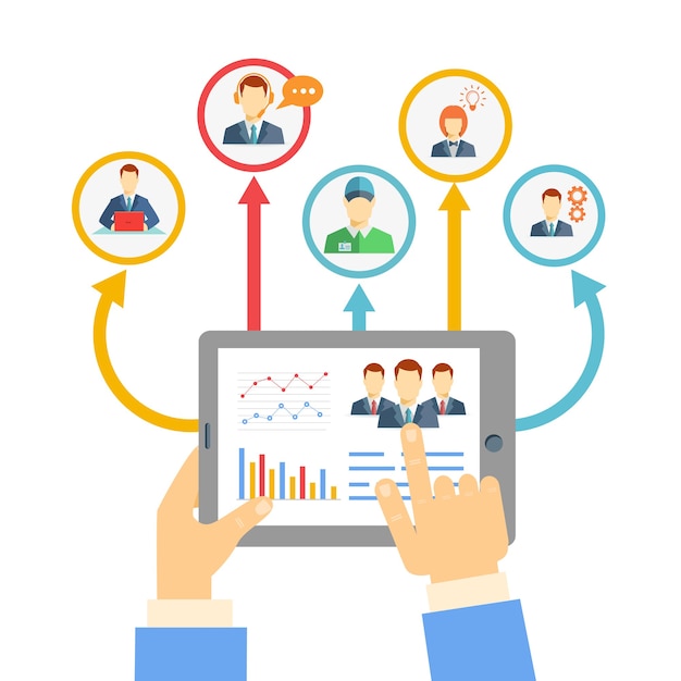 Remote business management concept with a businessman holding a tablet showing analytics and graphs connected