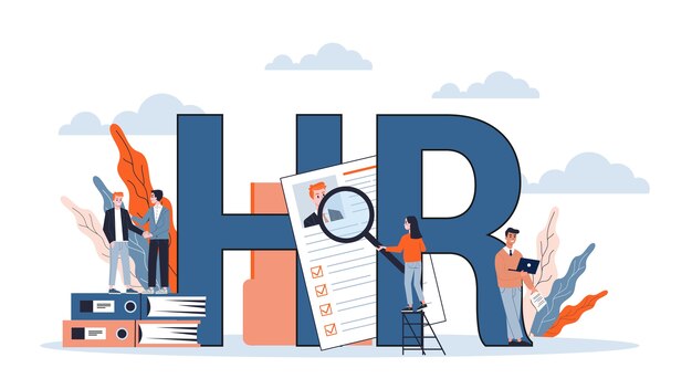 Human resources and recruitment web banner concept. Job interview and HR manager. Employment and labor. Search work in internet. illustration in style