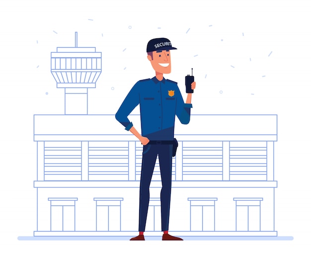 Security company employee with portable radio in front of airport building.